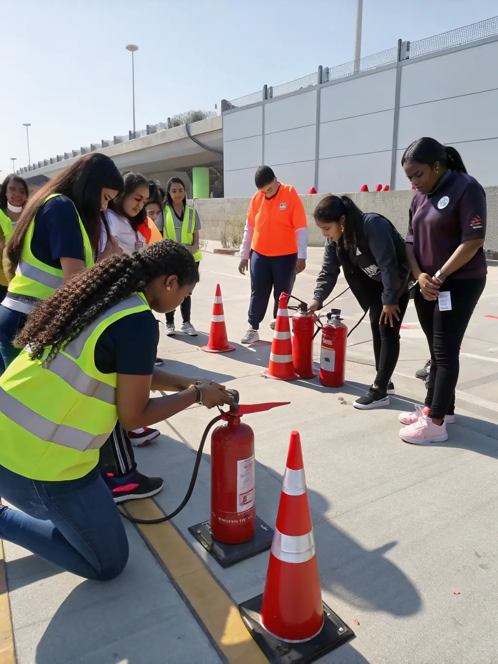 A realistic fire simulation exercise with trainees using fire extinguishers to put out a controlled fire, emphasizing practical application of skills.