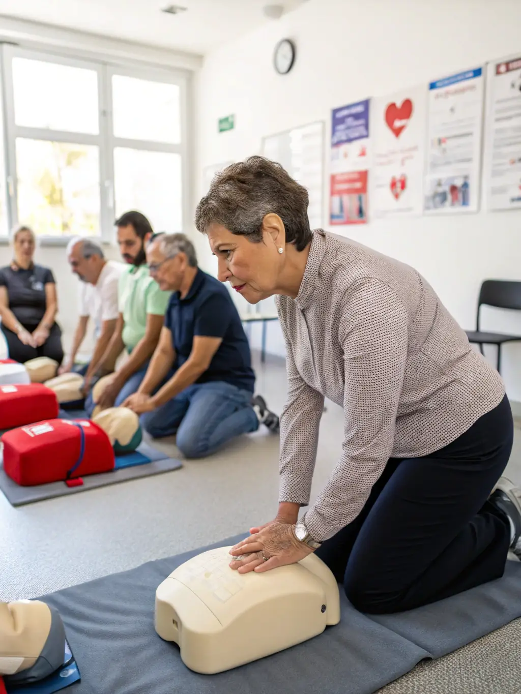 A group of trainees participating in a first aid and CPR certification course, learning life-saving techniques from a certified instructor.