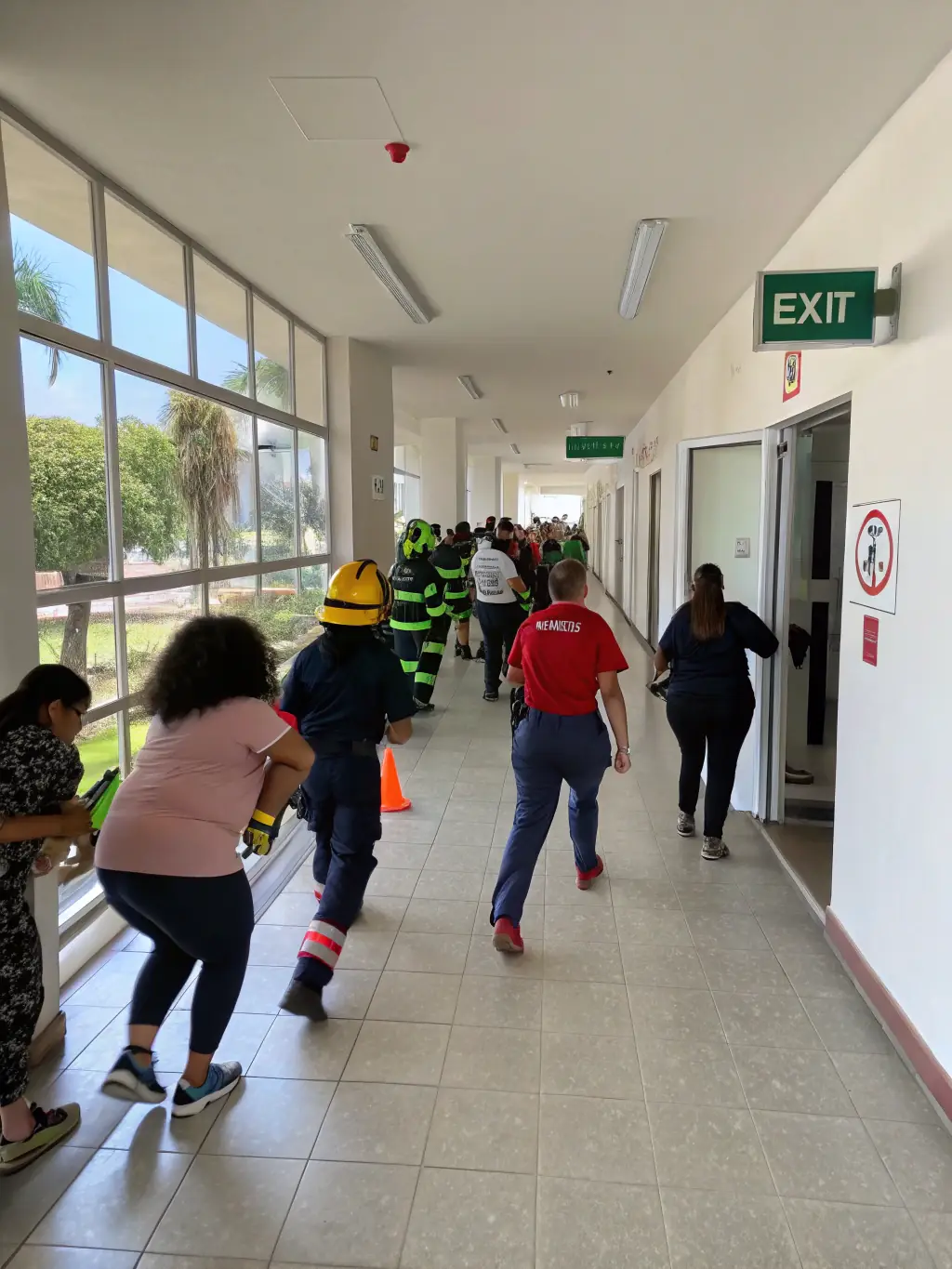 A diverse group of employees participating in a fire safety drill, practicing evacuation procedures in a simulated emergency scenario, emphasizing preparedness.