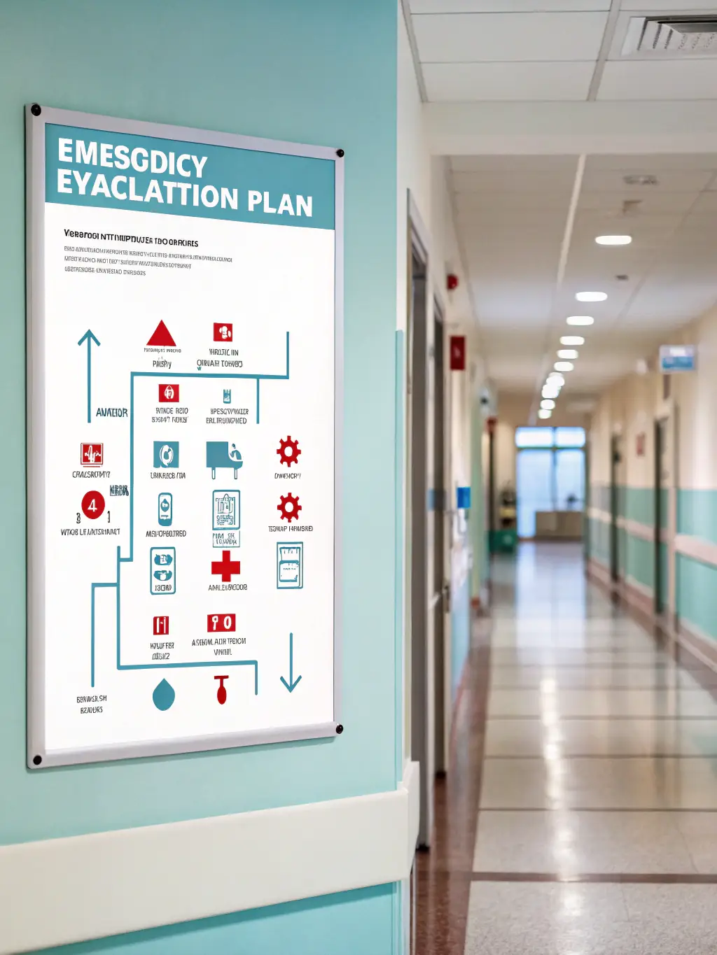 A detailed diagram illustrating emergency evacuation routes and procedures within a building, highlighting safety protocols and escape strategies.