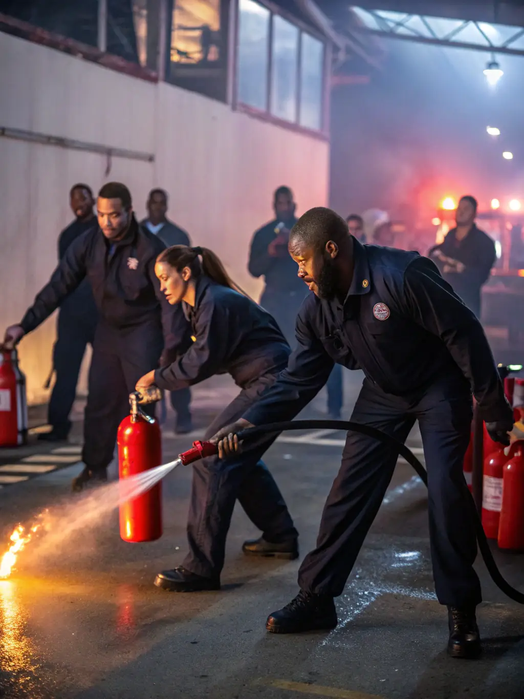 A team of employees working together to extinguish a simulated fire during a training exercise, demonstrating effective teamwork and emergency response skills.