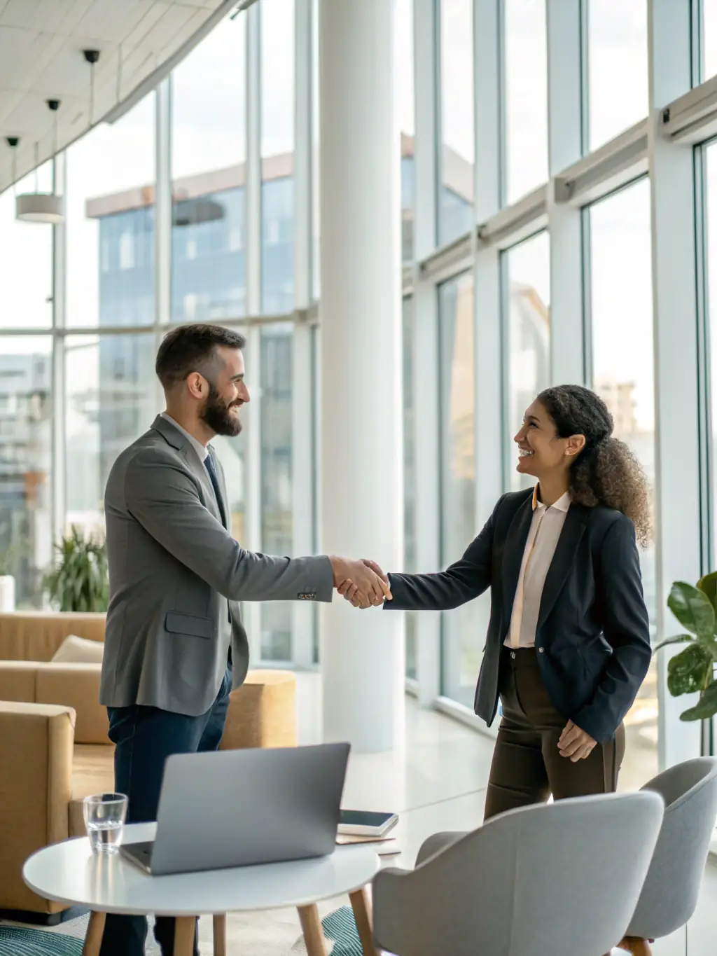 A serene and confident business owner shaking hands with an STConsultants advisor, symbolizing trust and peace of mind in their security partnership.